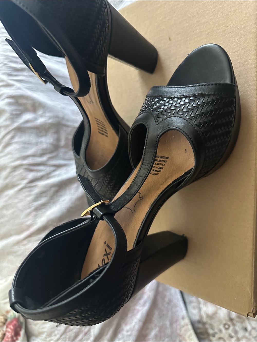 Flexi Black Woven T-Strap Platform Block Heel Sandals